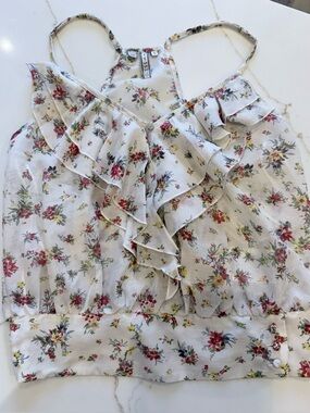Guess White Floral Ruffle Camisole with Red & Green Print